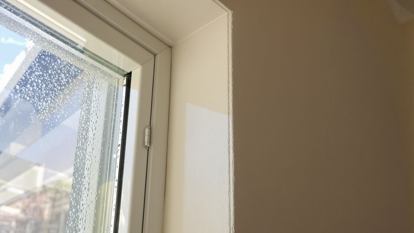 Newly installed window frame with sunlight streaming through glass.