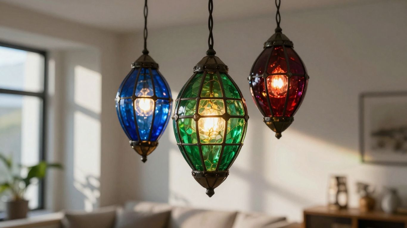 Vibrant colored glass pendant lights illuminating a modern room.