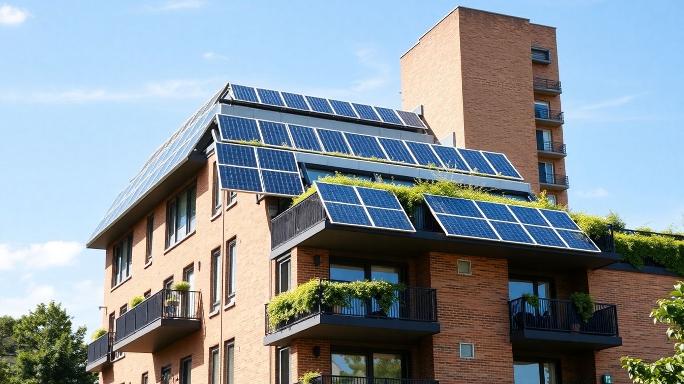 Bloc modern cu panouri solare și grădină pe acoperiș.