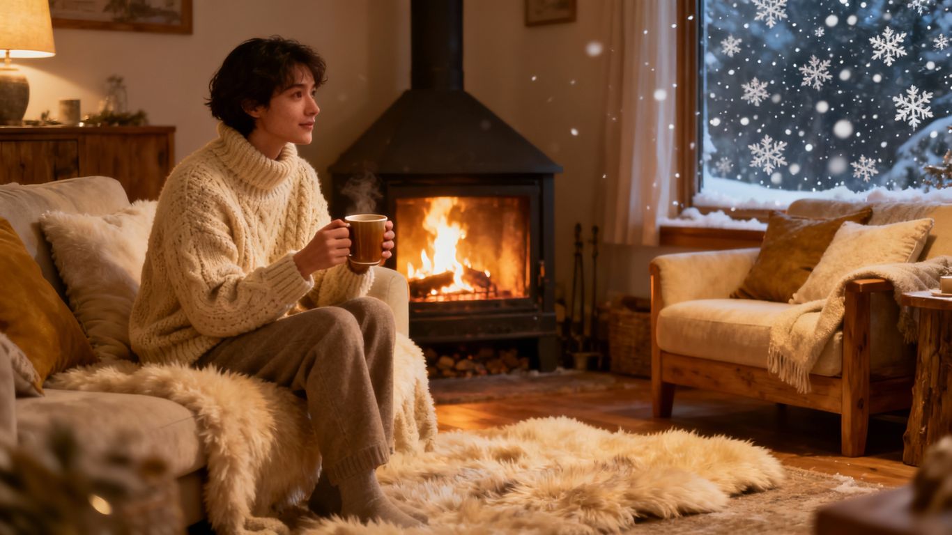 Cozy winter living room with fireplace and warm mug.