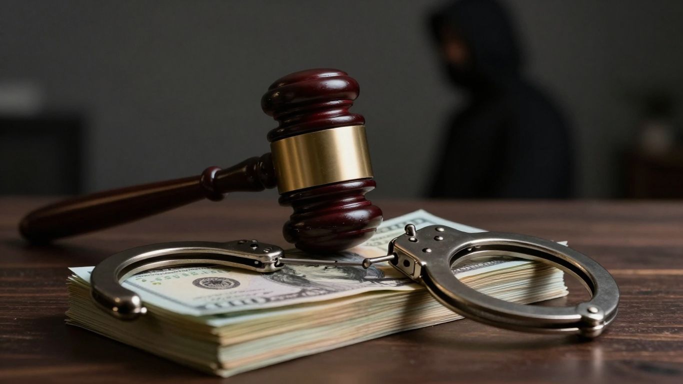 Gavel, money, and handcuffs symbolizing insurance fraud consequences.
