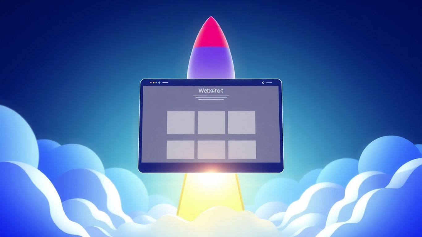 Modern website design launching with upward growth elements.