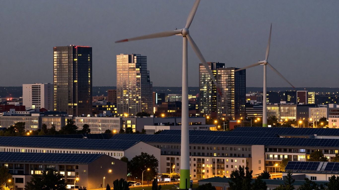 Oraș european iluminat, turbine eoliene și panouri solare.