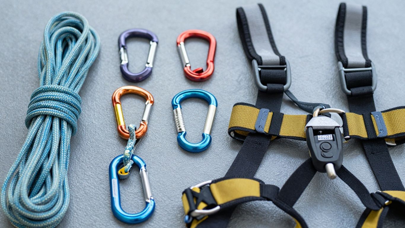 Assortment of clean and well-maintained climbing gear.