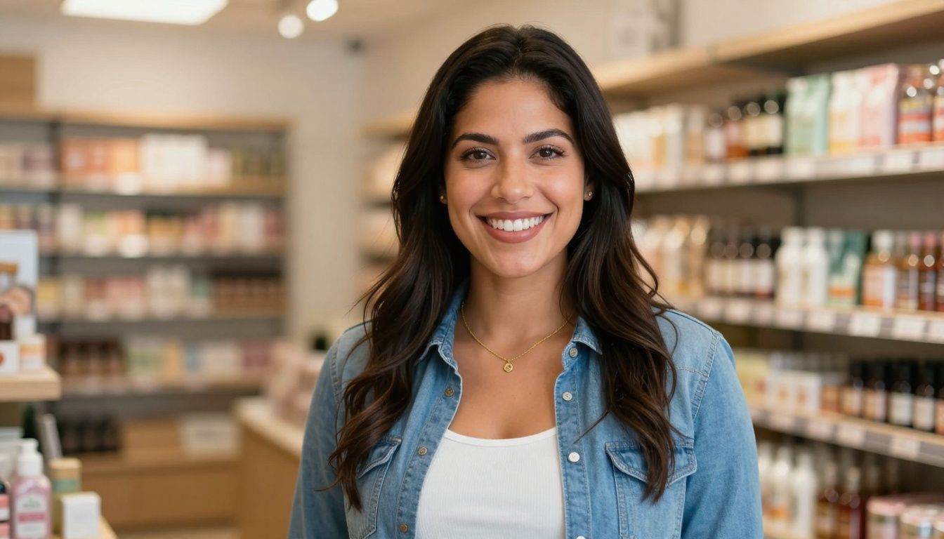 Woman smiling in a modern cannabis dispensary.