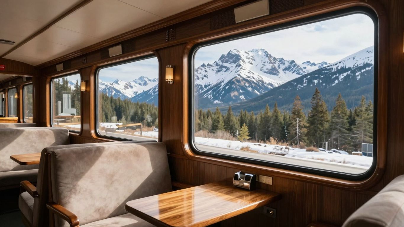 Luxury train interior with mountain views.