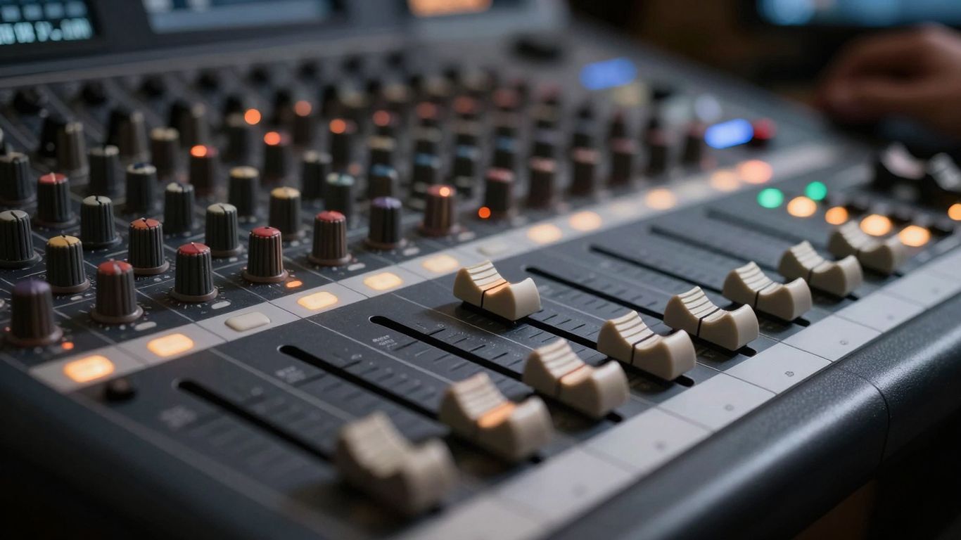 Audio mixing console with glowing faders and knobs.
