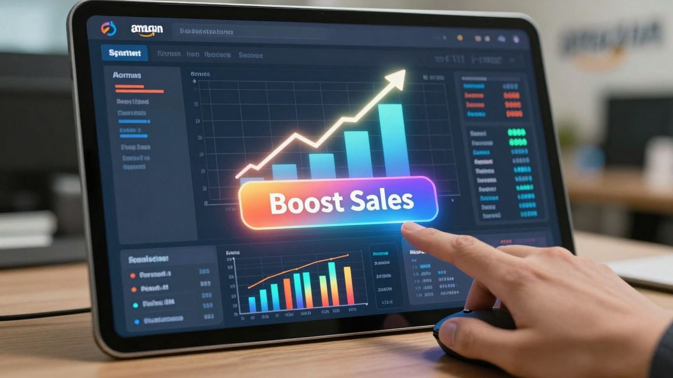 Amazon Seller Central dashboard with sales charts and upward trends.