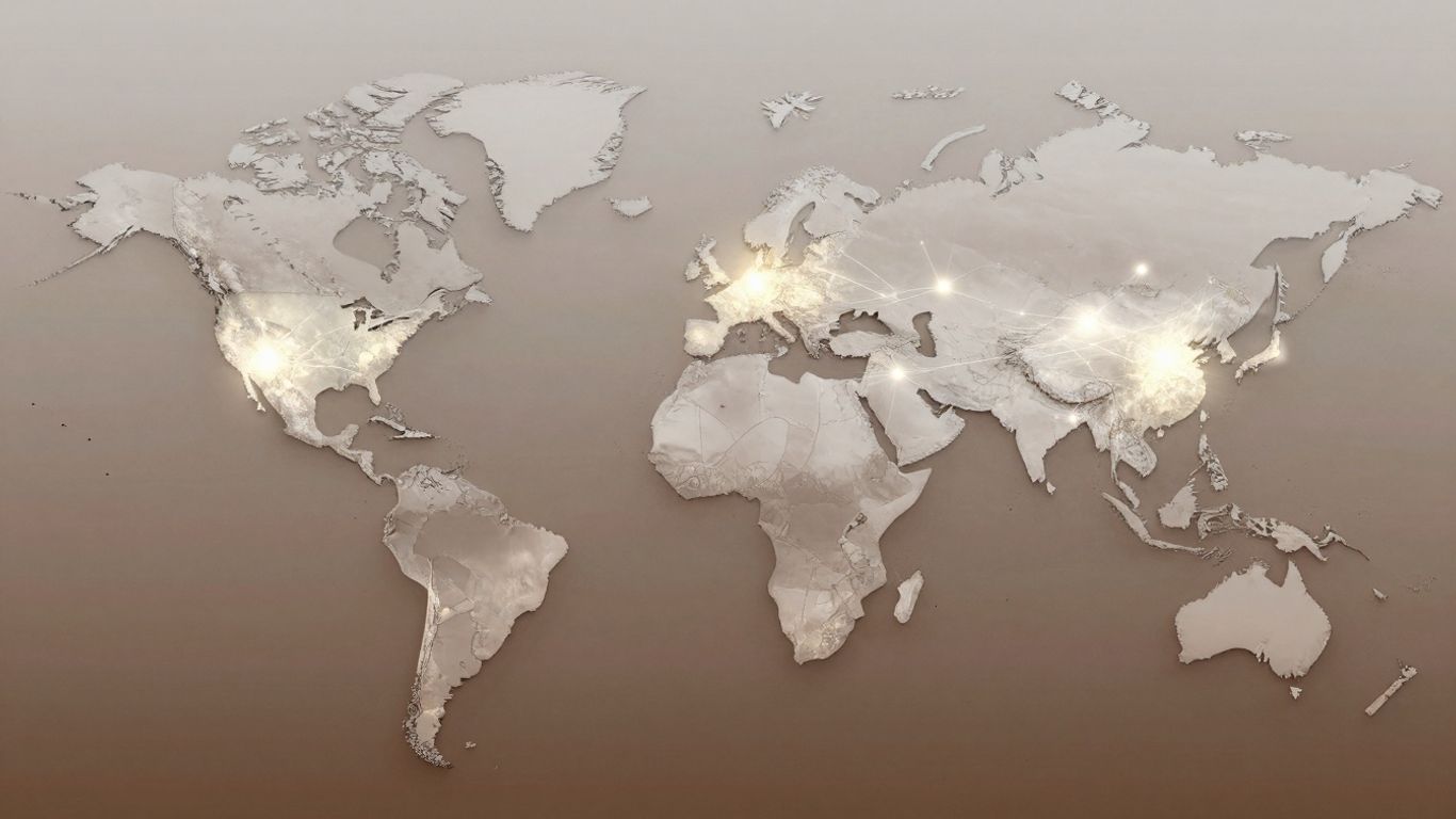 Hărți globale cu conexiuni și puncte luminoase.