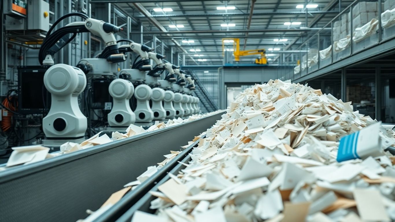 Automated paper sorting facility with robotic arms.