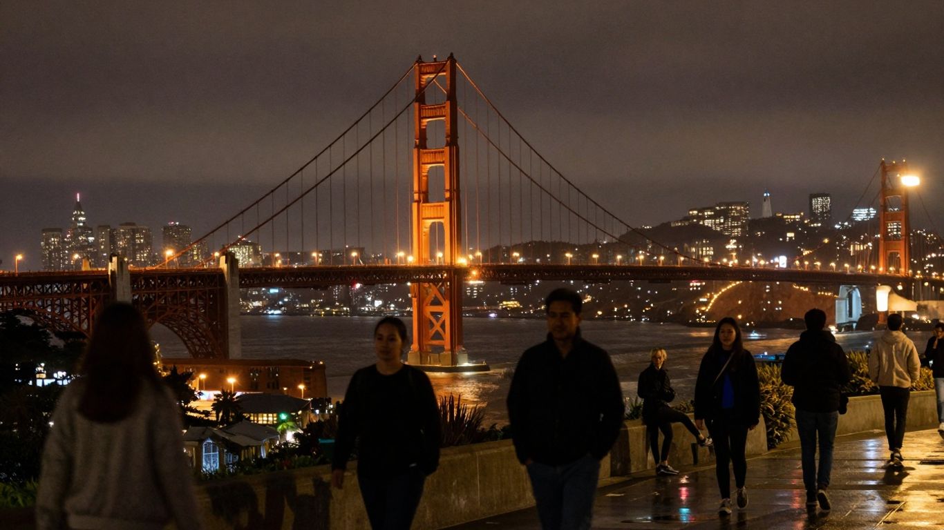San Francisco cityscape at night with people silhouettes.