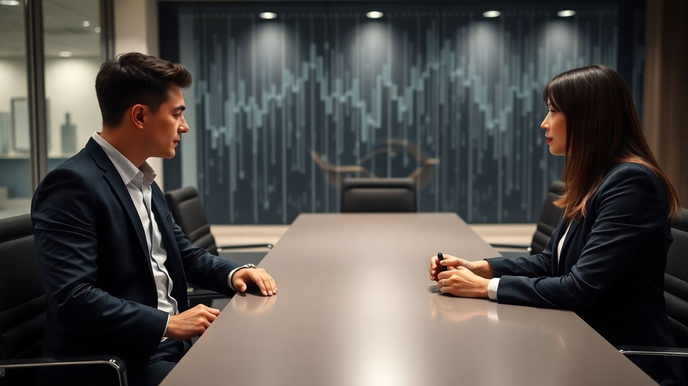 Business people discussing large crypto transactions at a desk.