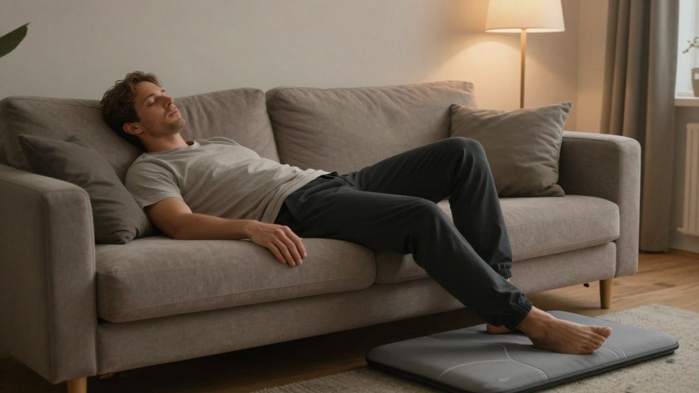 Person relaxing with PEMF therapy mat at home.