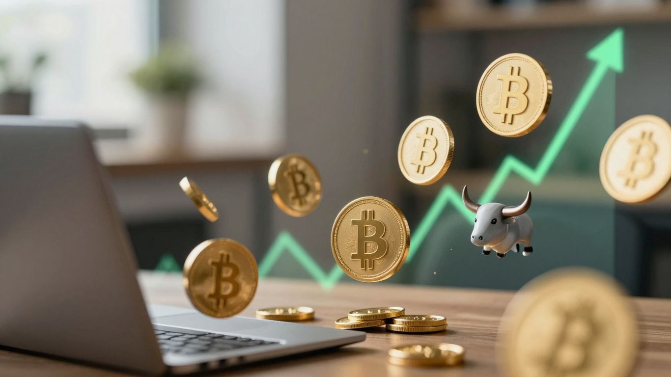 Cryptocurrency bull market with soaring digital currency symbols.