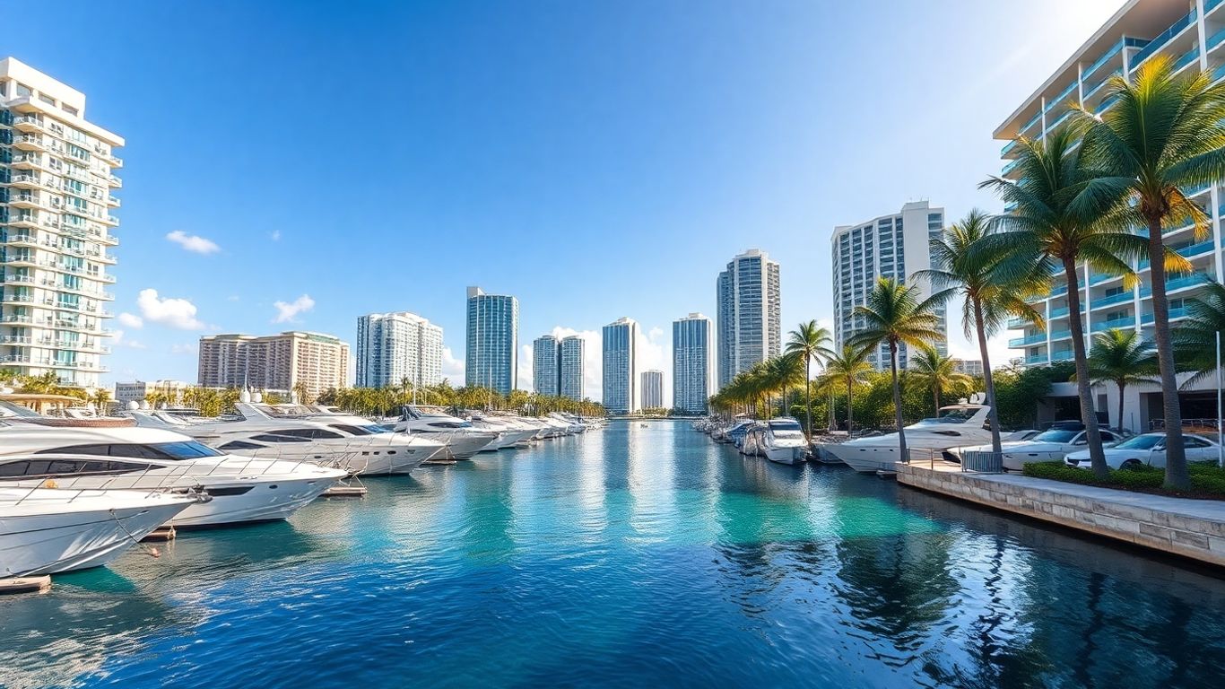 Aventura, Florida waterfront with yachts and skyscrapers.