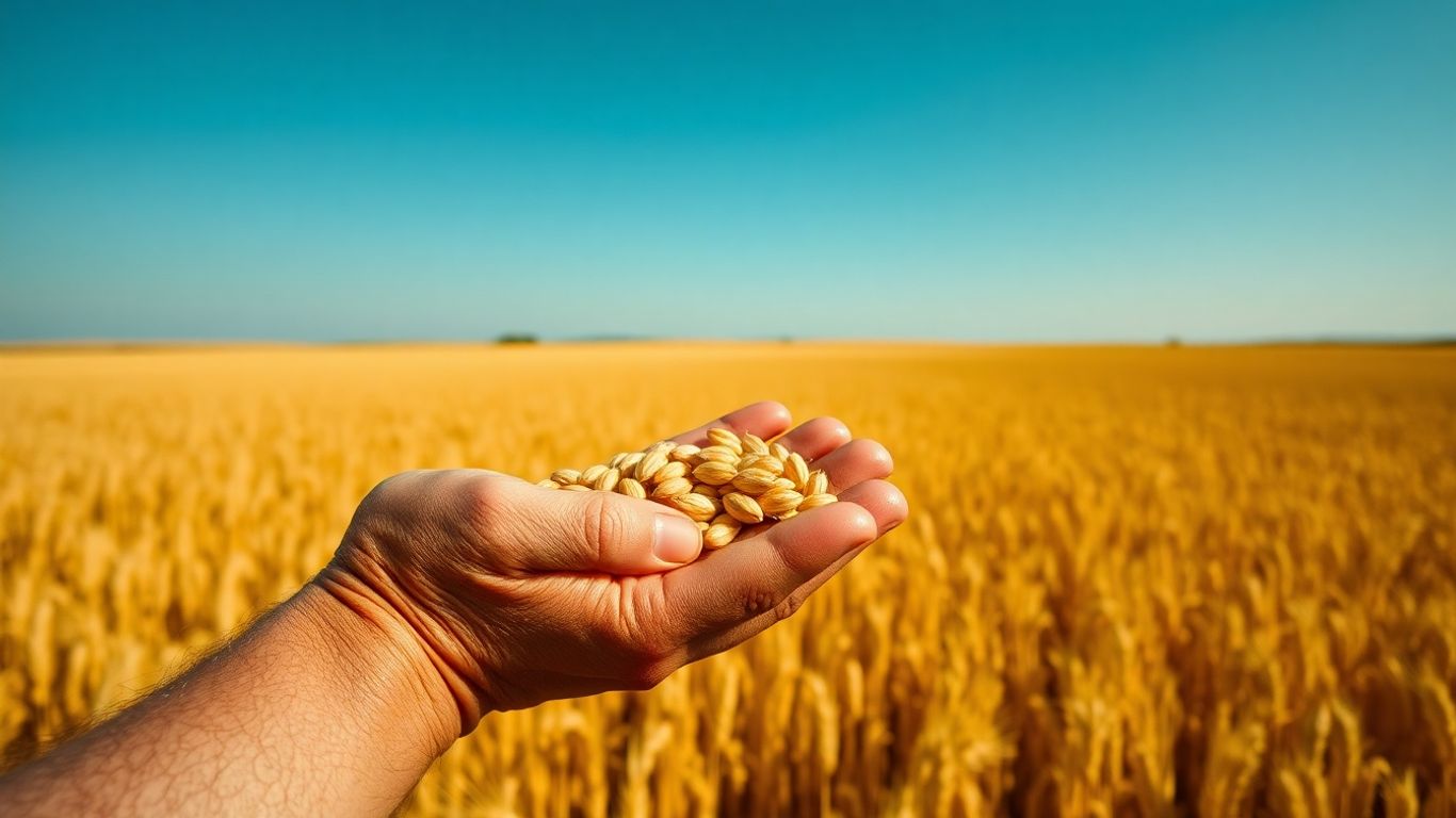 Campos de trigo dourados e mãos segurando grãos.