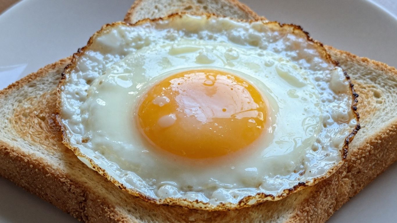 Perfect fried egg on toast with runny yolk.