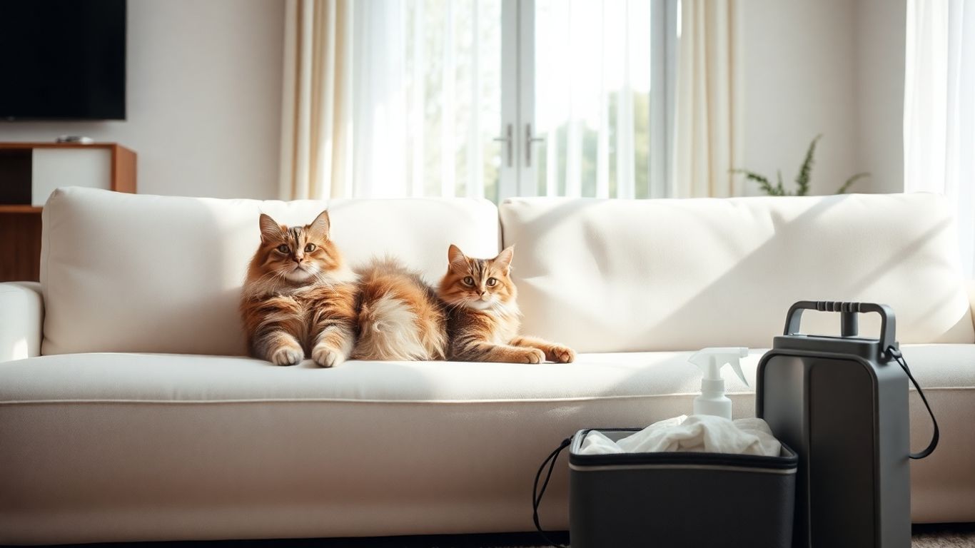 Cat relaxing on clean sofa, no fur visible.