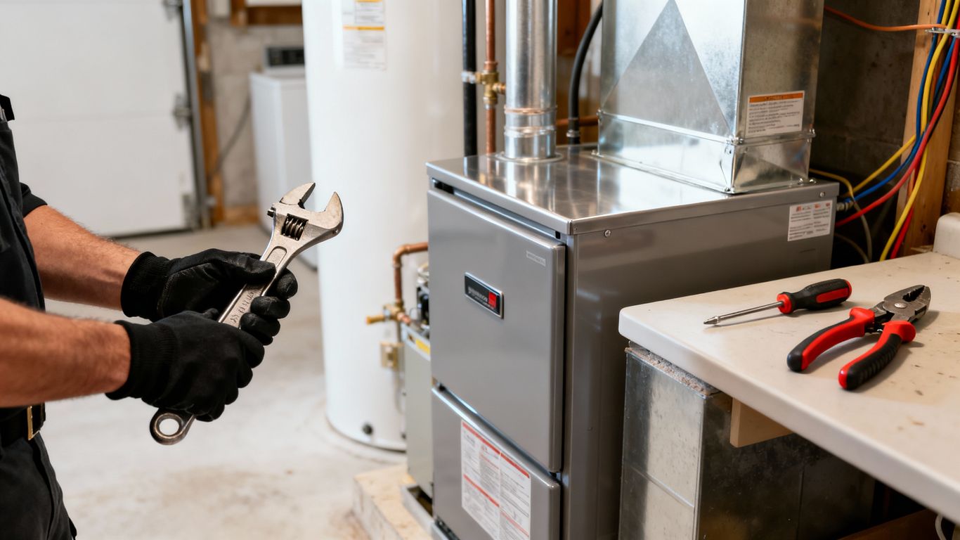 Technician installing a new furnace in a home.