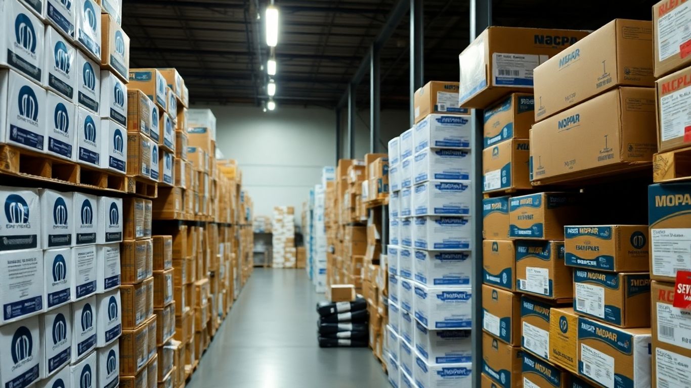 Mopar auto parts in a warehouse