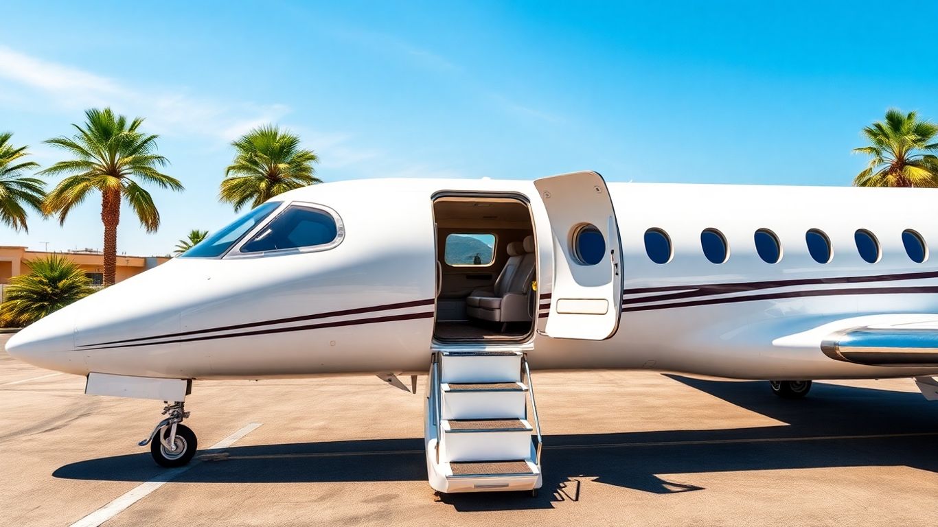 Amalfi Jets private jet on tarmac, luxurious interior visible.