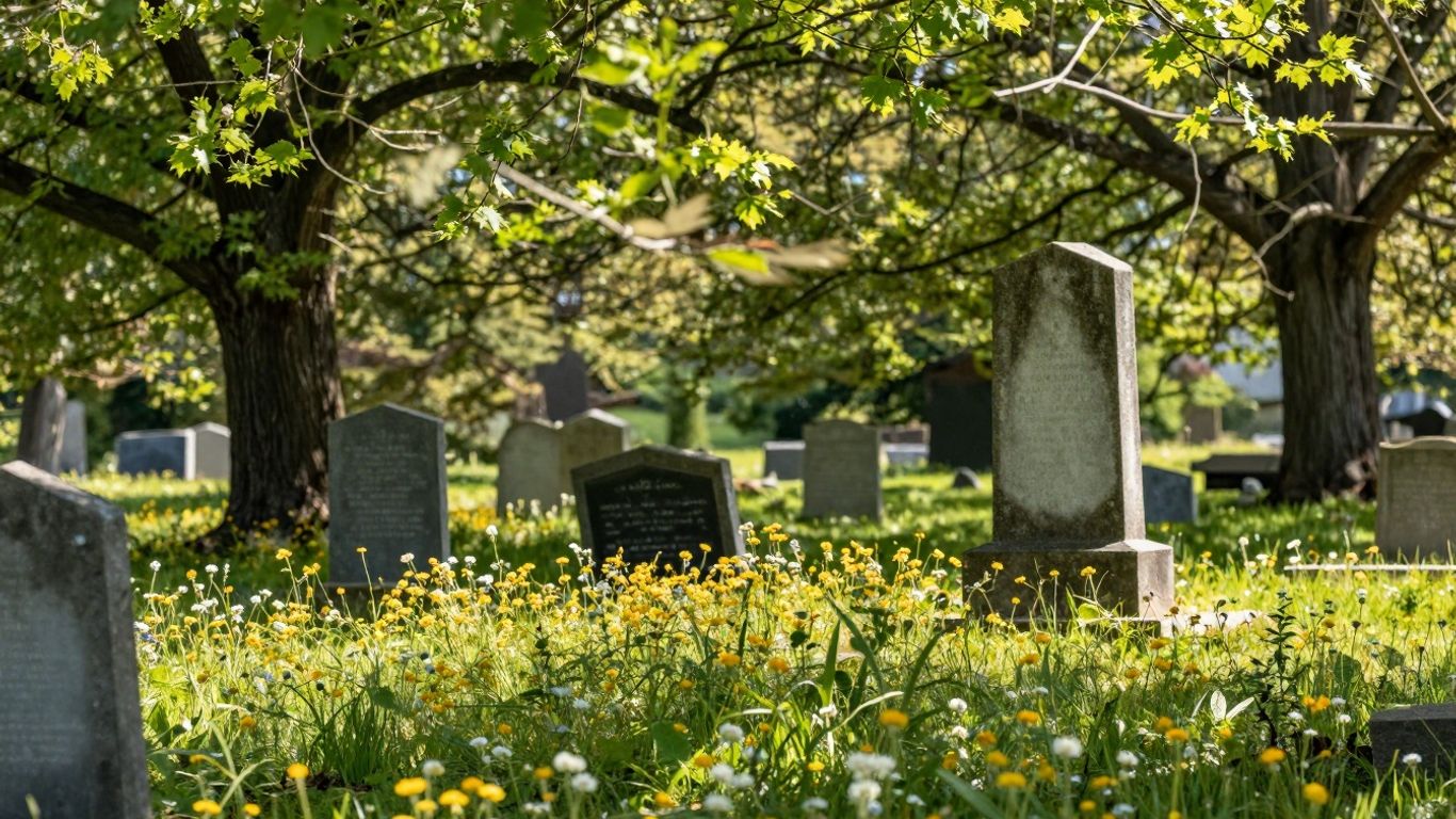 Peaceful cemetery with flowers and a stone monument.