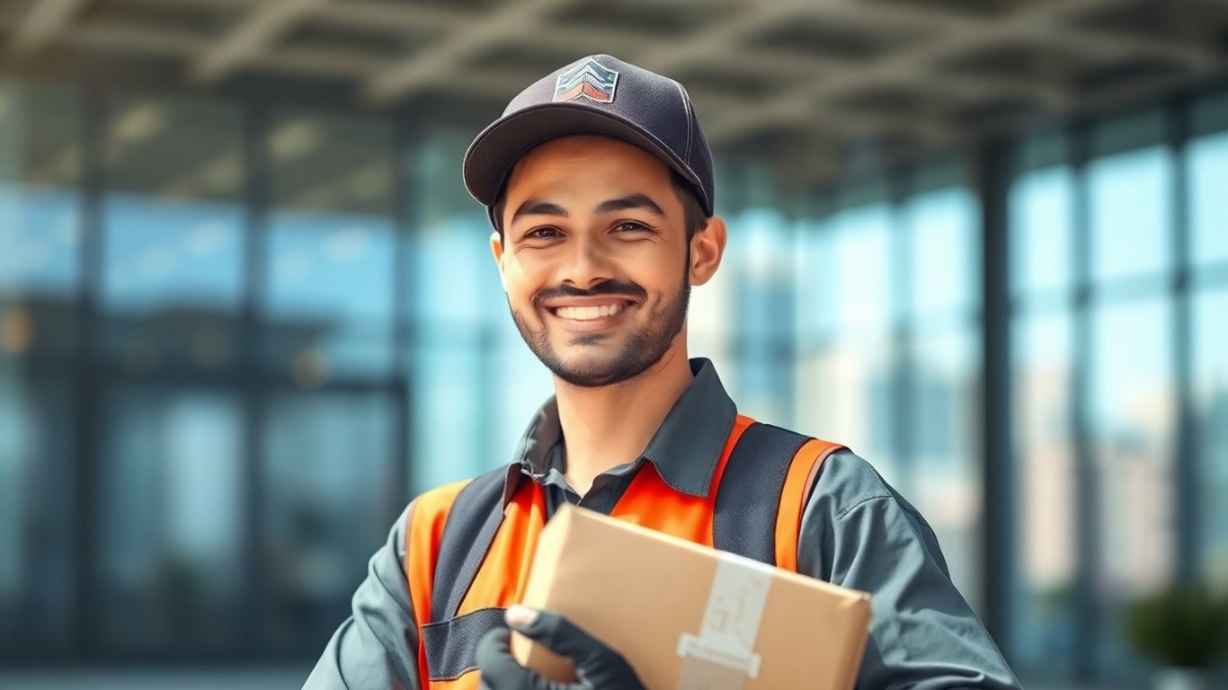 Delivery driver with package, happy and ready for work.