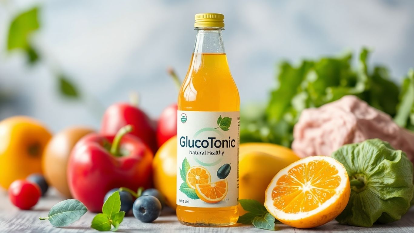 GlucoTonic bottle with fruits and vegetables