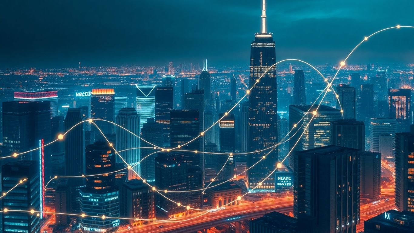 Futuristic cityscape with glowing digital data streams.