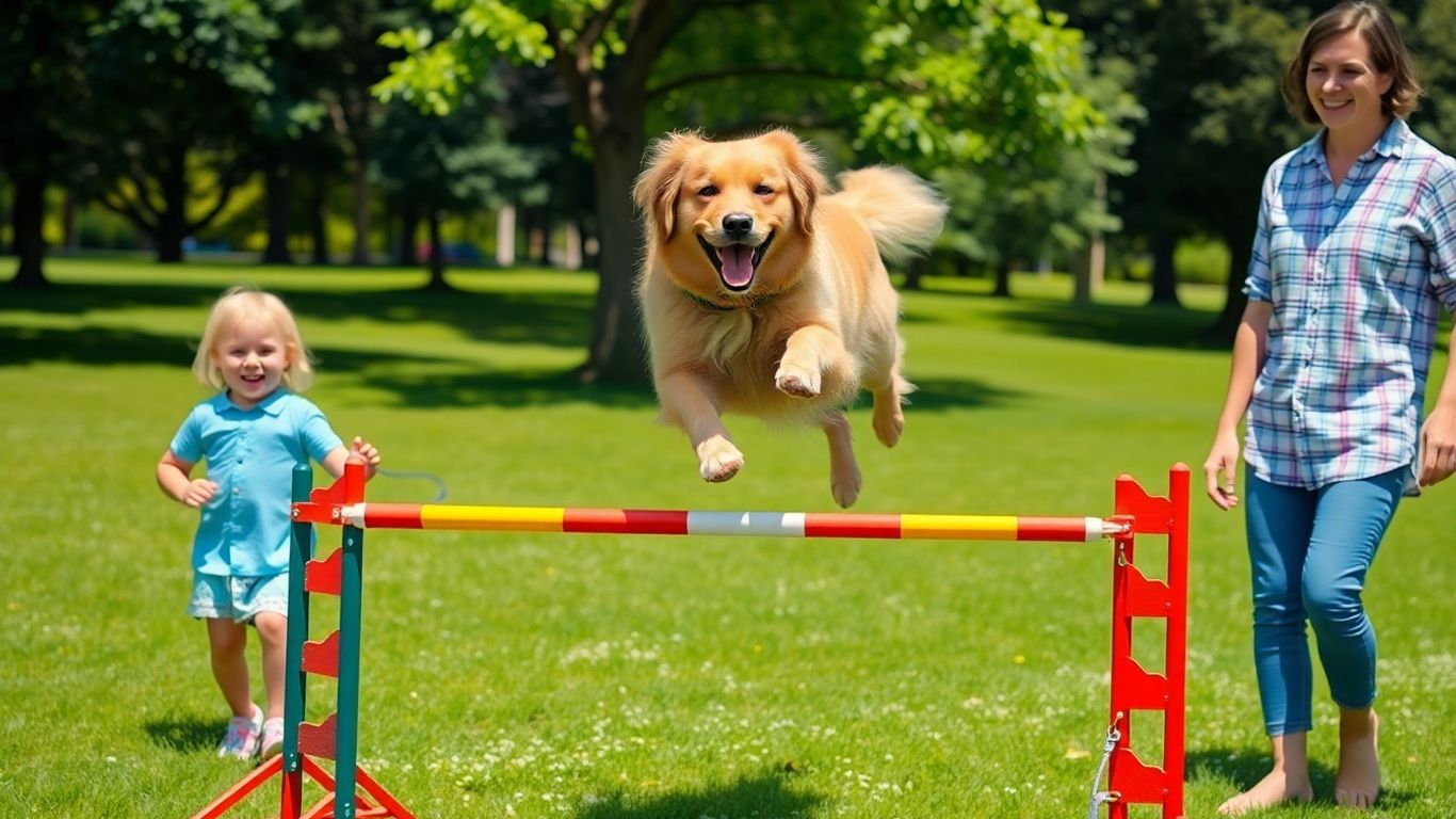 Dog jumping over agility course with family watching
