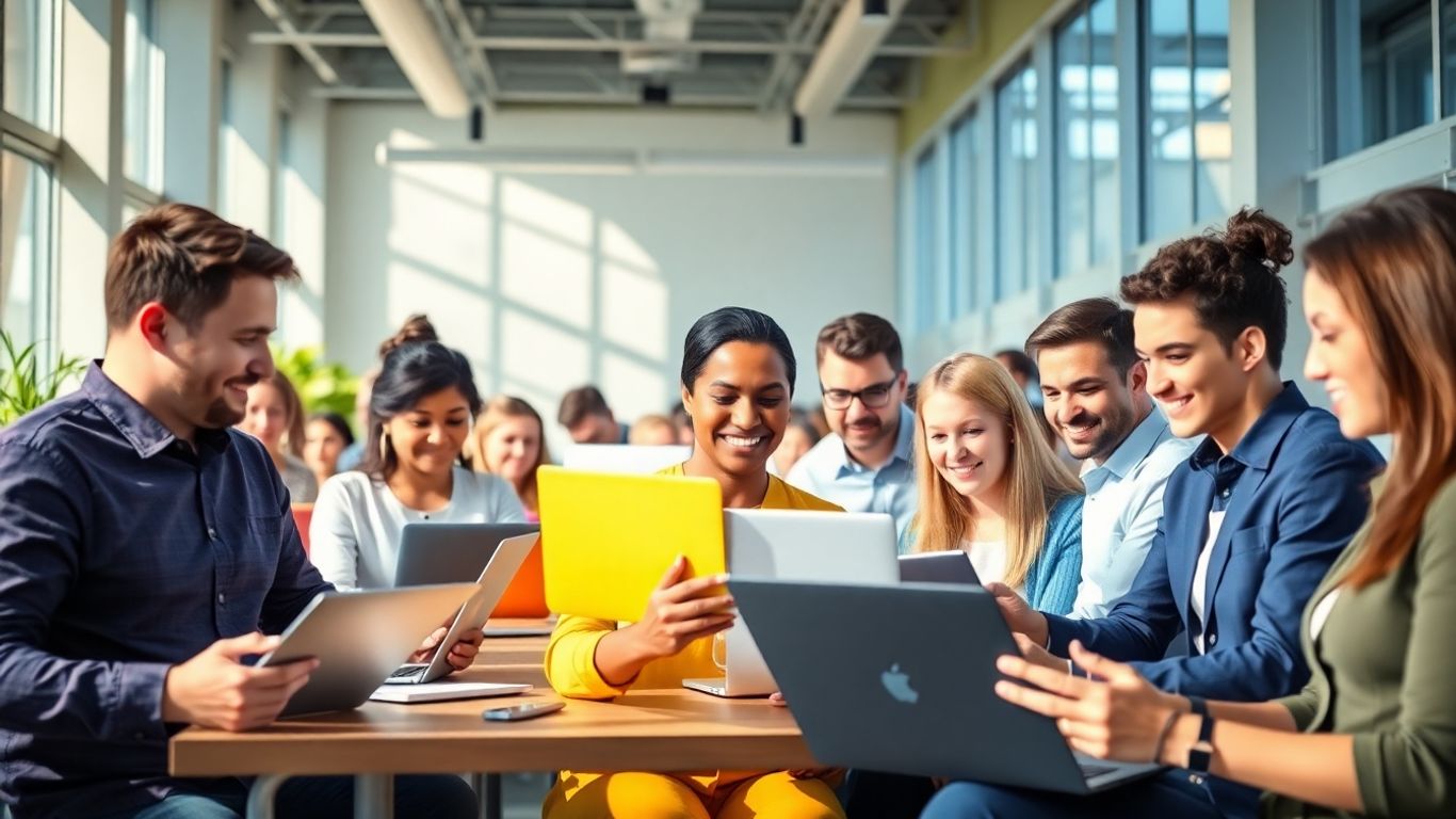 People collaborating productively in a modern office setting.