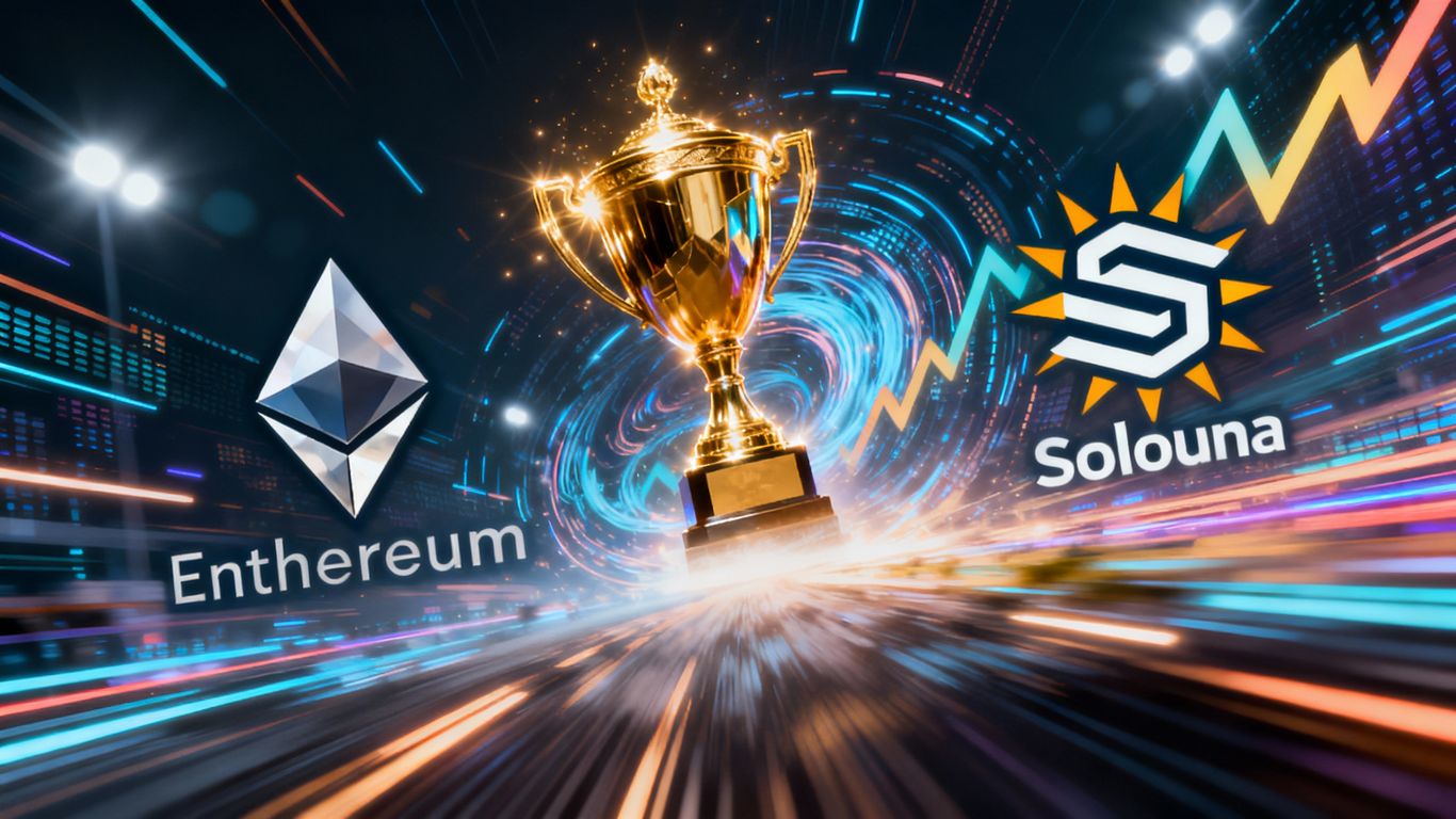 Ethereum and Solana logos in a race for dominance.