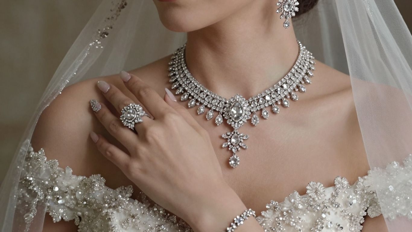 Bride's hands with sparkling diamond bridal jewellery set.