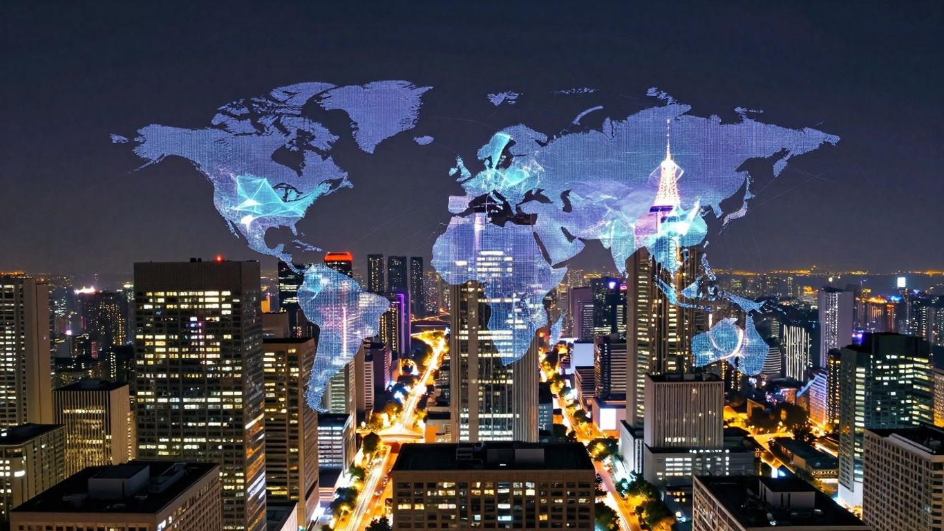 Futuristic e-commerce cityscape with digital connections.