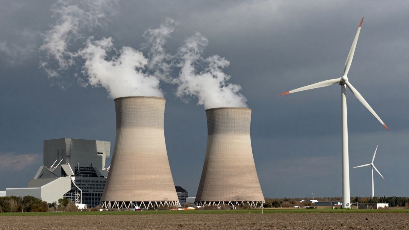 Usine à charbon et éoliennes sous un ciel dramatique.