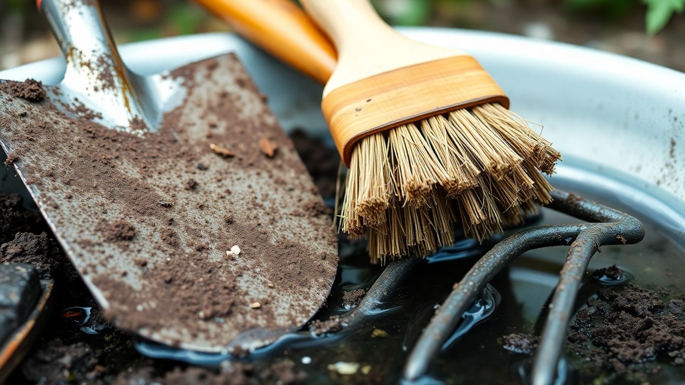 Gartenwerkzeuge werden für den Winter gereinigt.