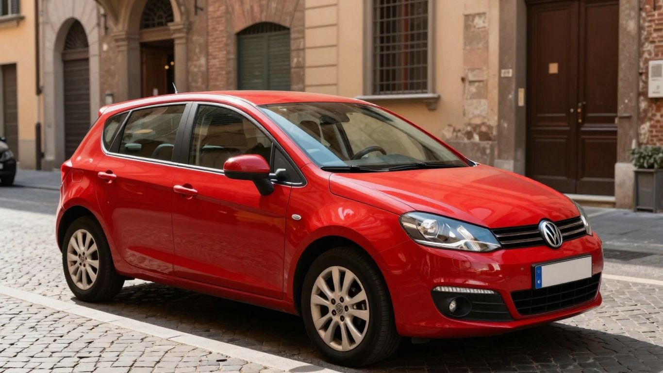 Voiture de location rouge devant l'architecture de Bologne.