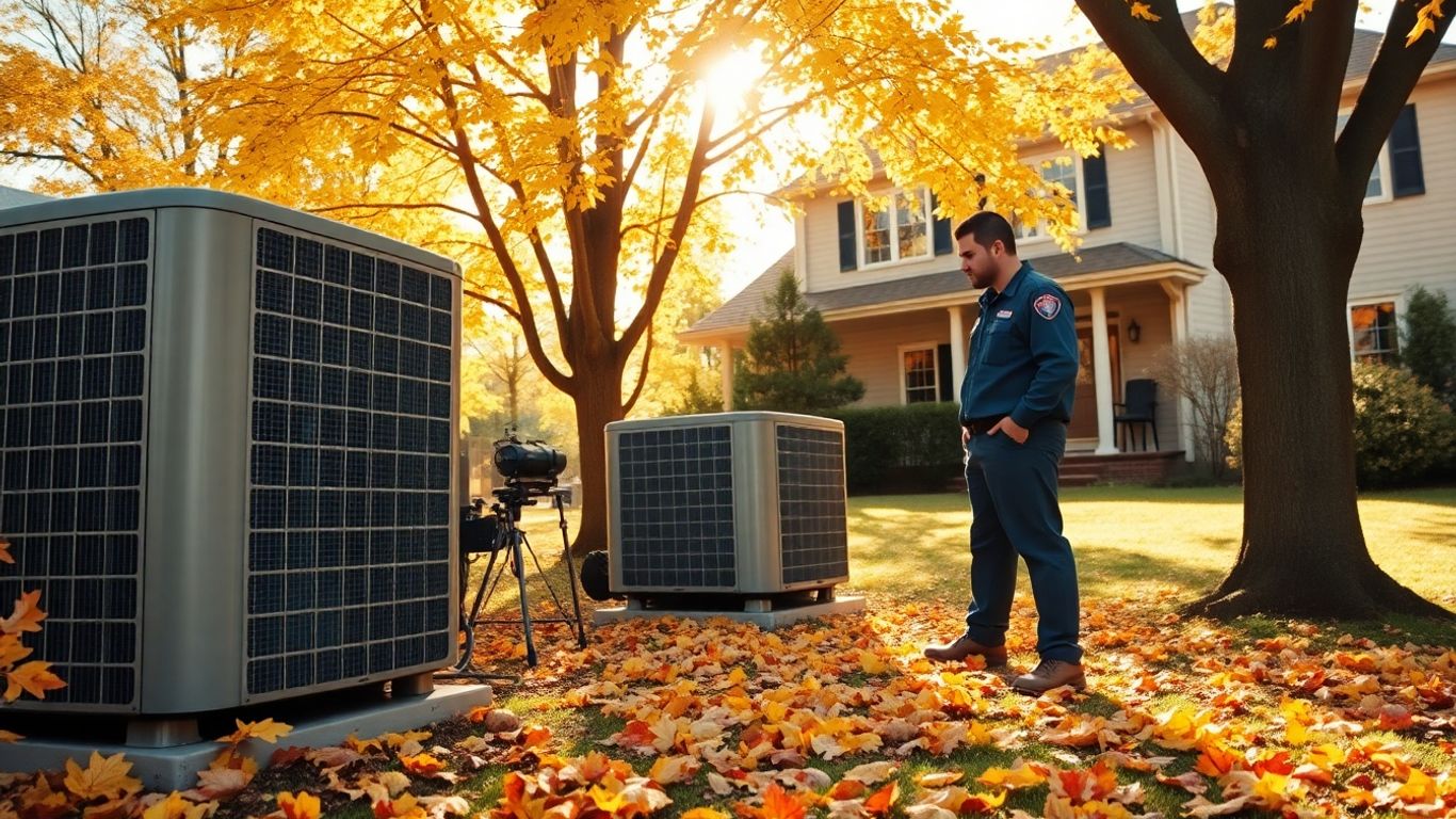 Technician servicing HVAC under autumn trees in October