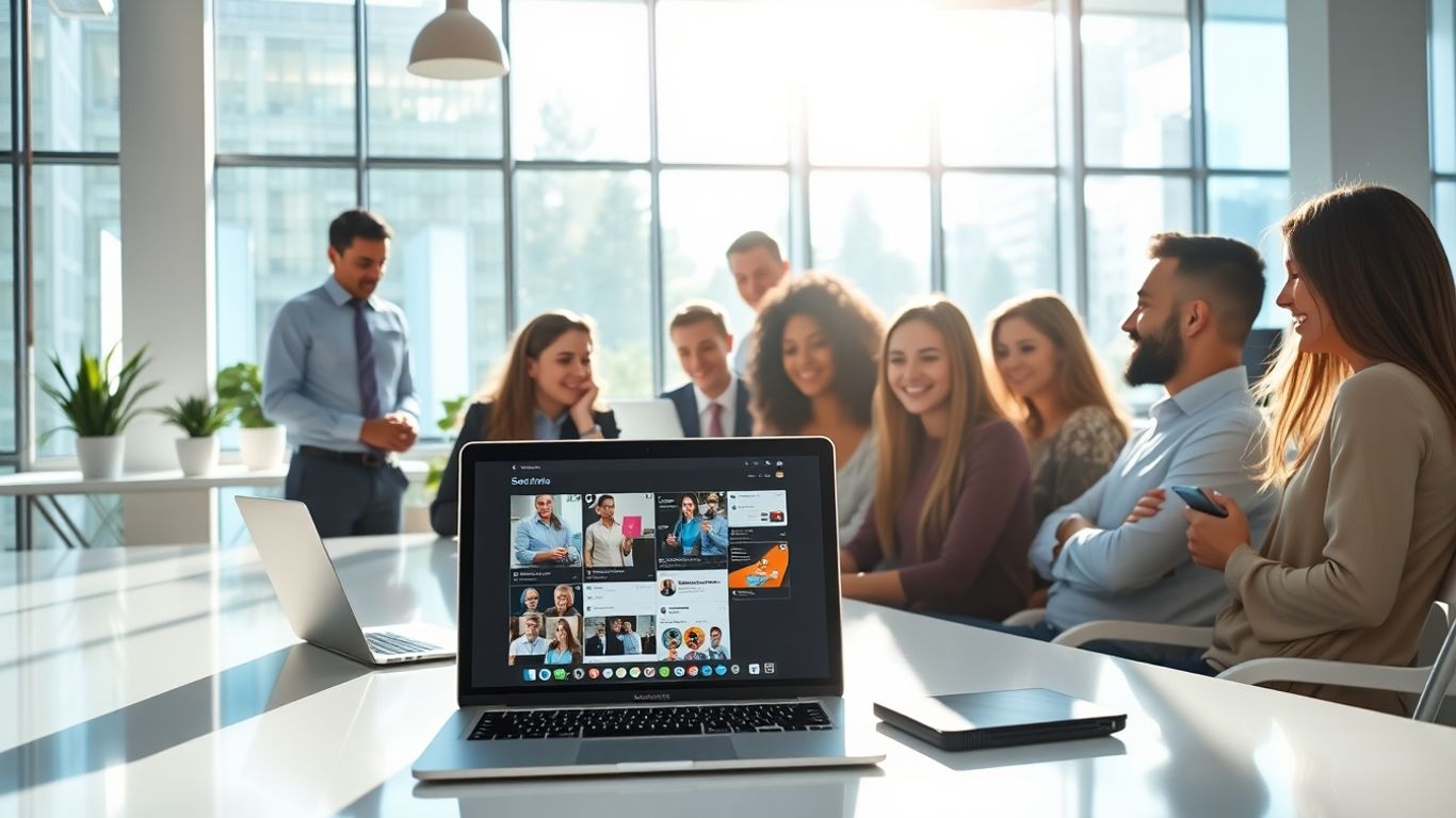 Team collaborating in a modern office with social media dashboard.