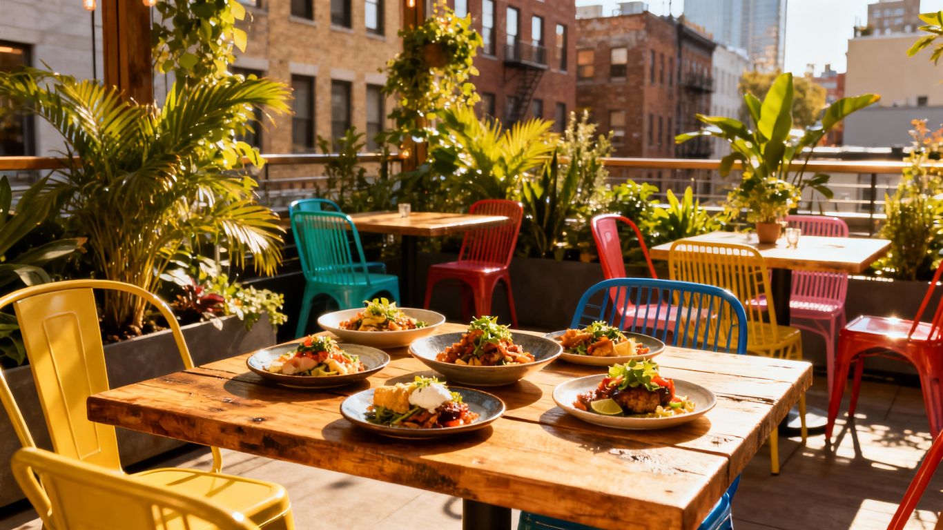 Outdoor restaurant patio with colorful chairs and greenery