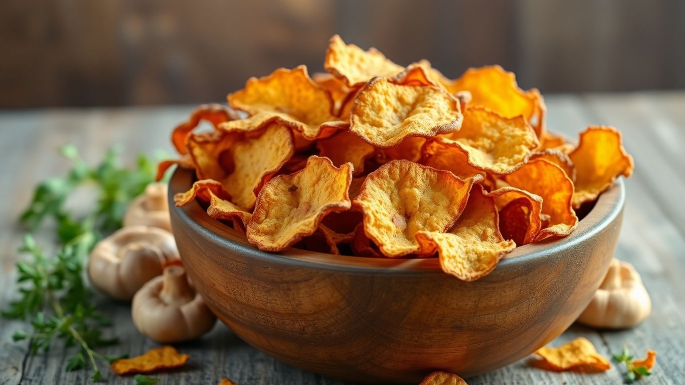 Crispy mushroom chips in a rustic bowl.