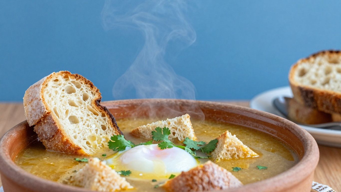 Bowl of traditional Portuguese bread soup with egg and cilantro.