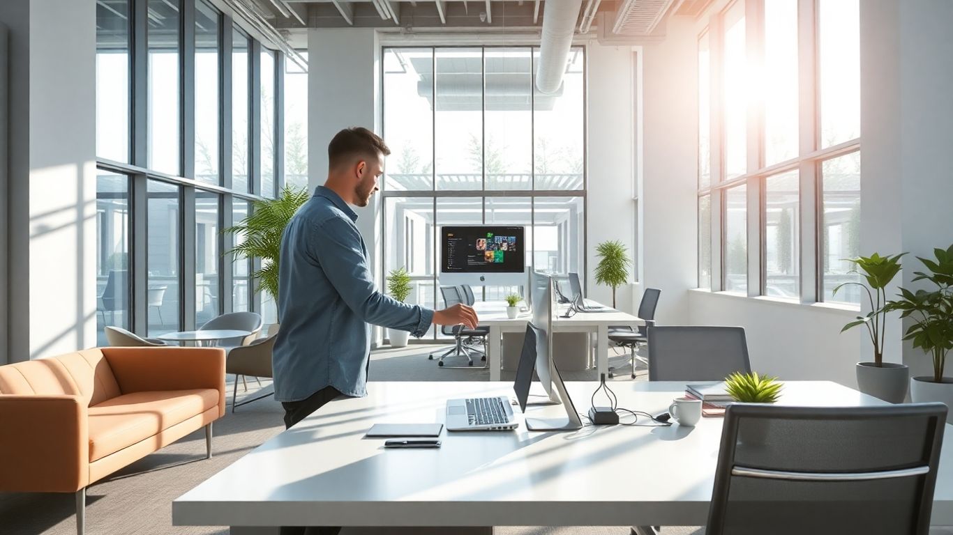 Büro mit moderner Technologie und hellem Arbeitsplatz.