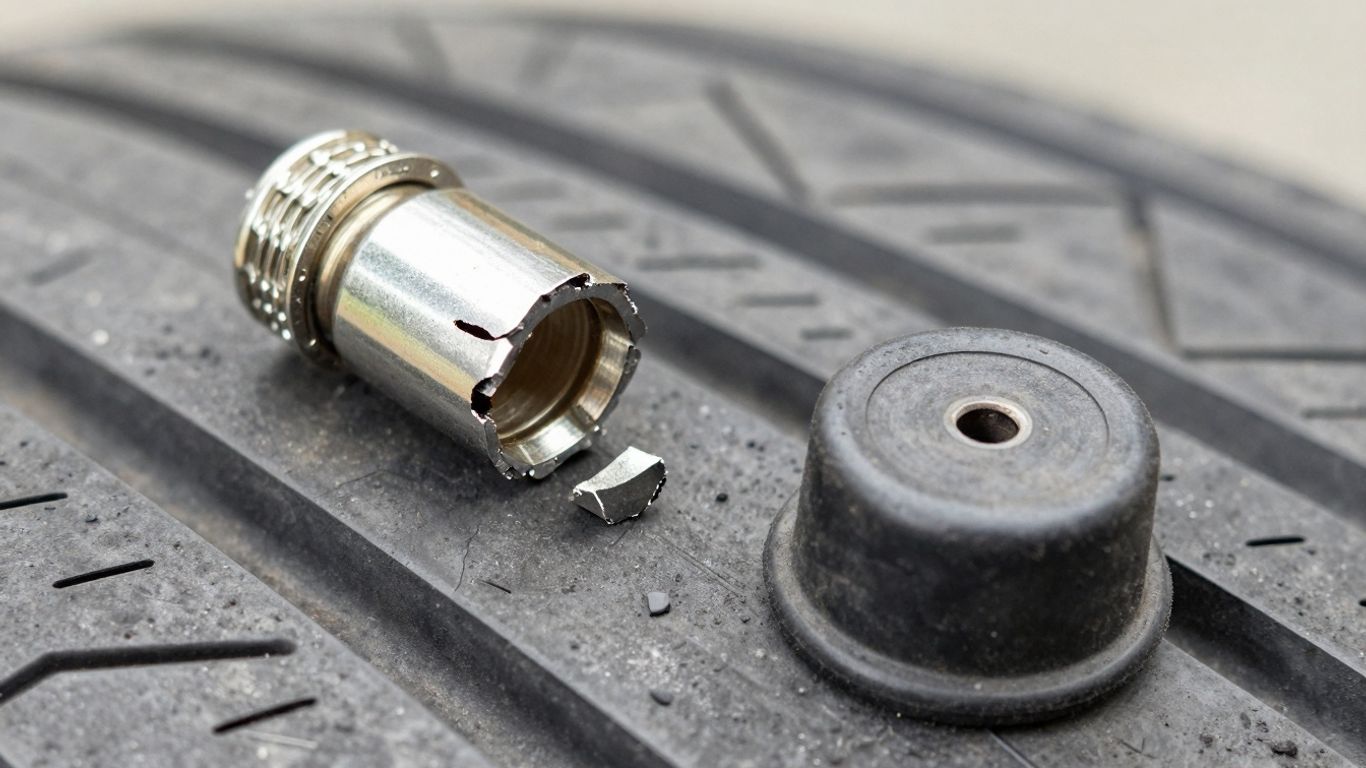 Broken metal valve stem cap on a car tire.