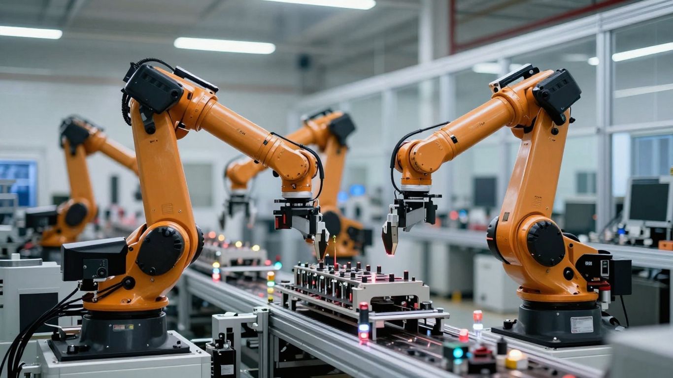 Roboți industriali lucrează pe o linie de producție modernă.