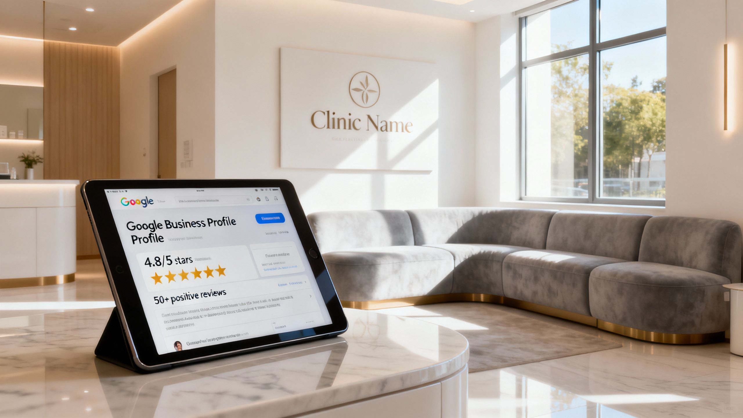 Google Business reviews displayed on a tablet in an aesthetic clinic.