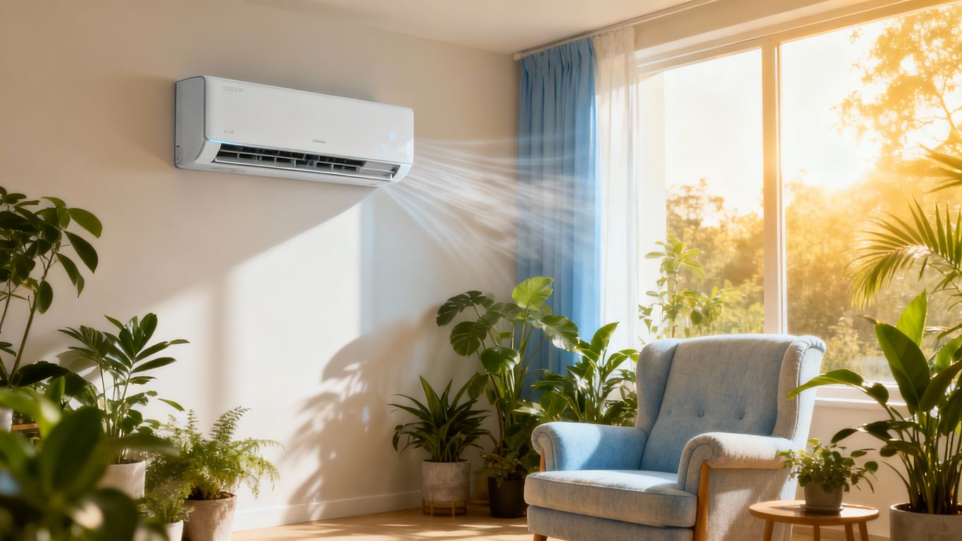 Modern air conditioner blowing cool air in a bright room.