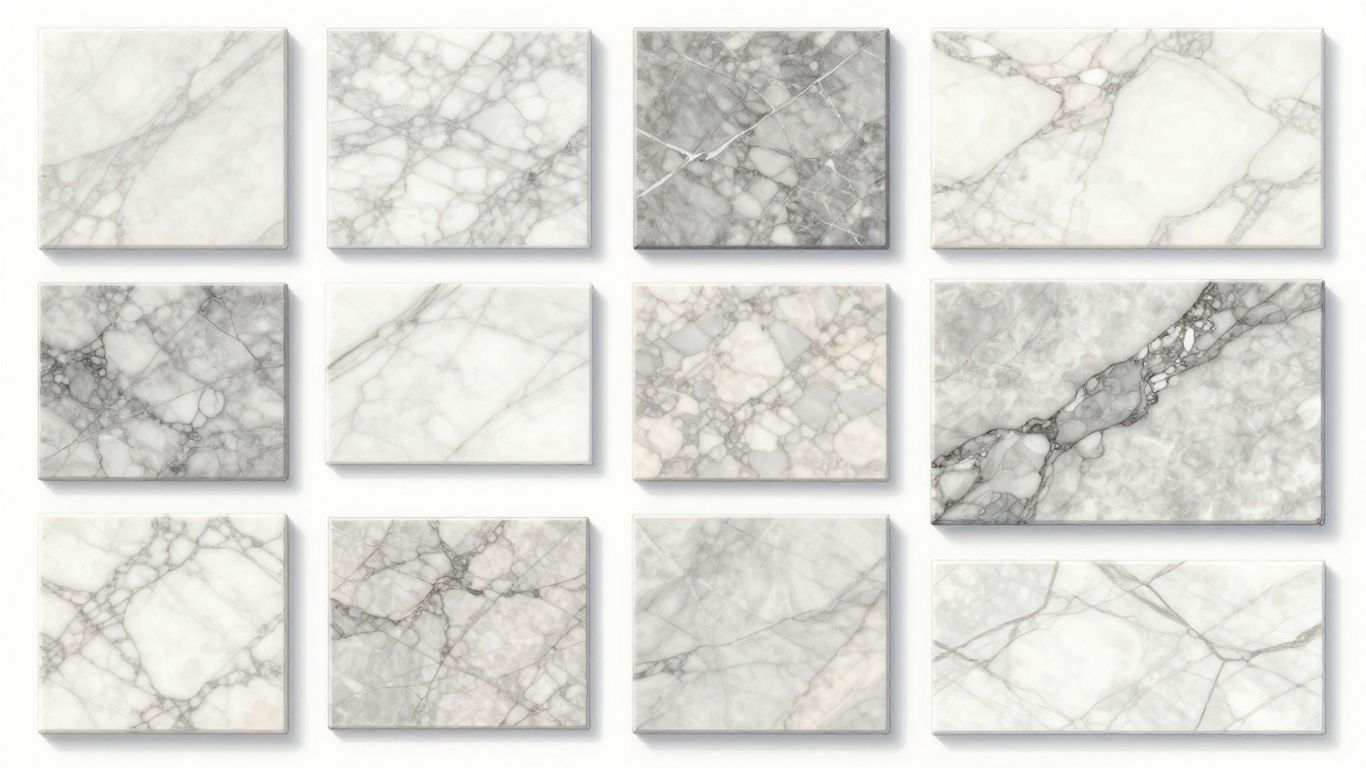 Marble tile samples in various shades and patterns.