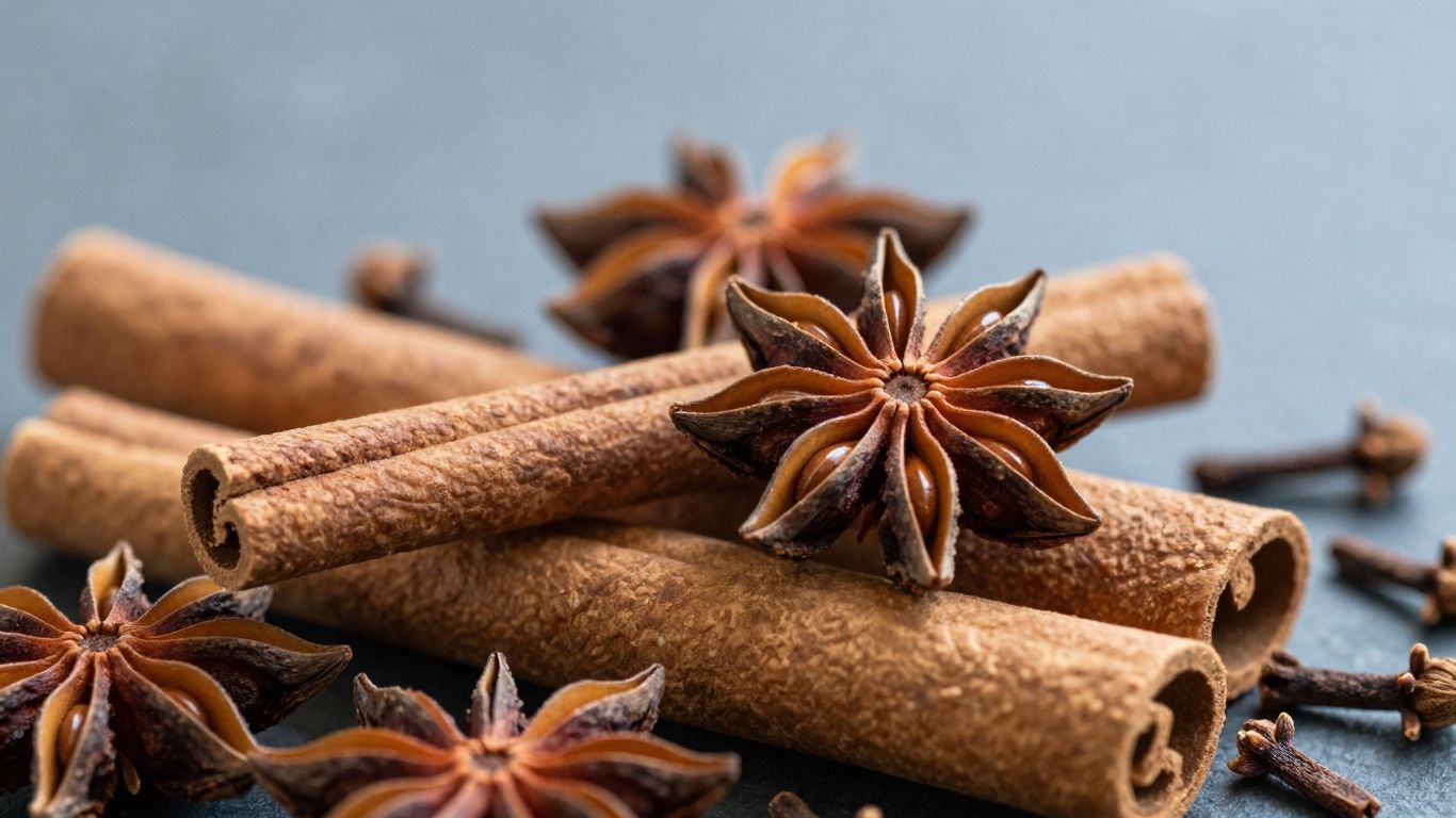 Exotic spices arranged artfully, warm colors, soft lighting.