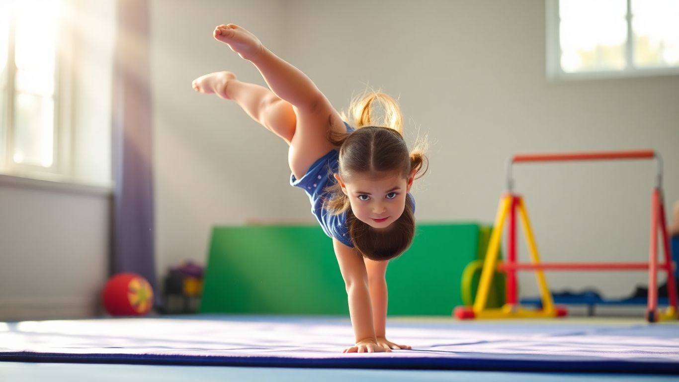 Child doing a cartwheel in a gymnastics class.